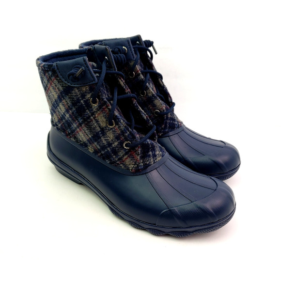 Sperry Syren Gulf Womens Size 8.5 Navy Plaid Wool Saltwater Duck Boots STS87717 - Picture 1 of 11